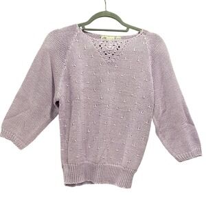 Vintage‎ Knit Sweater V-Neck Crochet Trim 3/4 Sleeve Pullover Top Lavender L